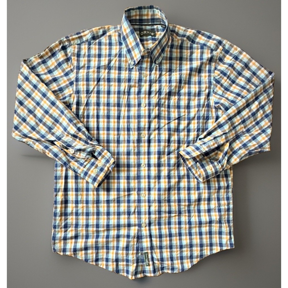 Orvis Long Sleeve Button Down Shirt Orange Blue Plaid Pocket Large JBHS